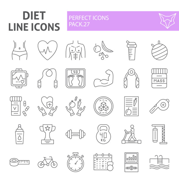 Diéta vékony vonal ikon meg, sport szimbólumok gyűjtése, vektor vázlatok, logo illusztrációk, tornaterem jelek lineáris piktogramok csomag izolált fehér háttér. - Vektor, kép