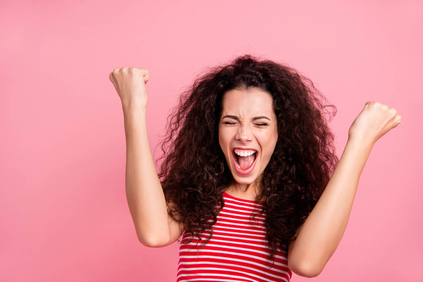 Close up photo portrait of nice pretty attractive glad positive she her lady raising fists hands up with open mouth isolated pastel background - Foto, Bild