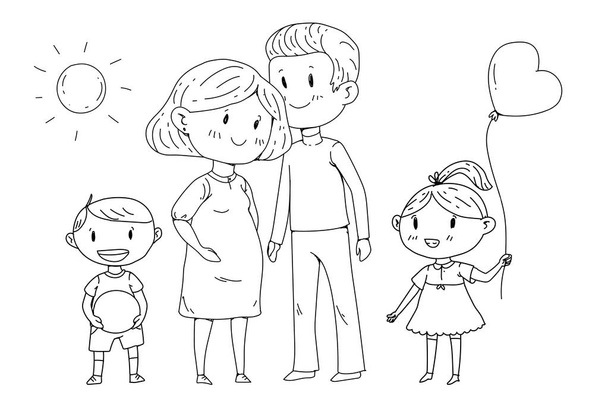 Zeichentrickfamilie mit schwangerer Frau und kleinen Kindern. - Vektor, Bild