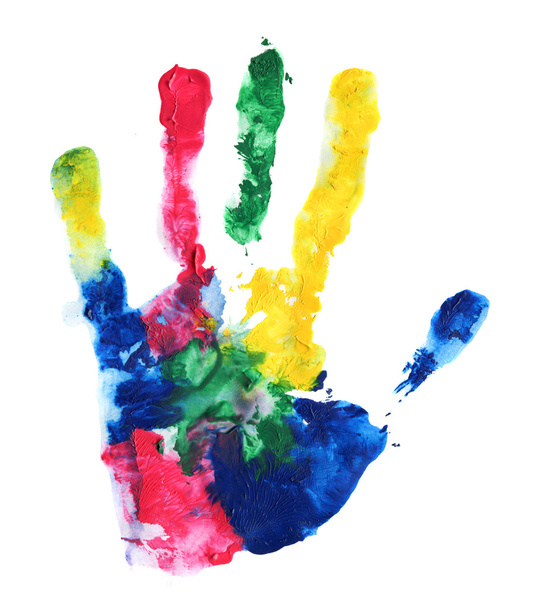 Close up of colored hand print on white - Photo, Image