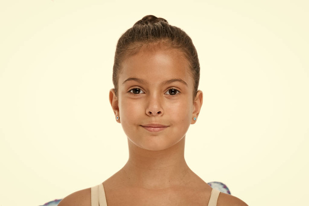 How to do ballet bun. Proper hairstyle for pupil ballerina. Make proper hairstyle visit ballet classes. Girl cute smiling face with neat and tidy bun hair. Perfect appearance excellent student - 写真・画像