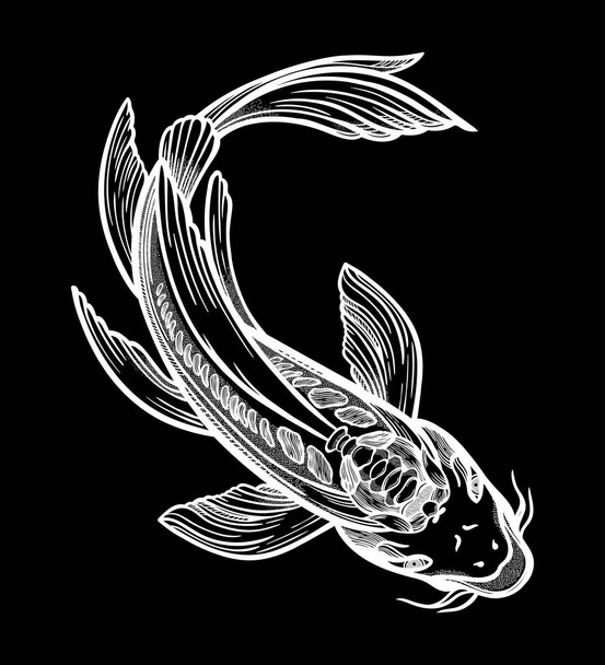 El çizilmiş etnik balık Koi sazan - uyum, bilgelik sembolü. Vektör illüstrasyon izole. Dövme için manevi sanat. Güzel detaylı, sakin. - Vektör, Görsel