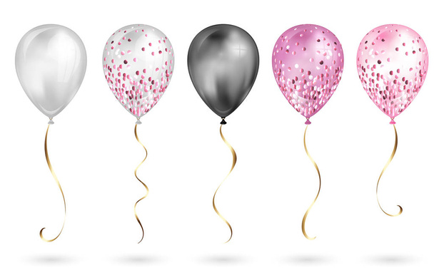 Joukko 5 kiiltävä musta ja vaaleanpunainen realistinen 3D helium ilmapalloja oman suunnittelun. Kiiltävät ilmapallot glitterillä ja kultanauhalla, täydellinen koristelu syntymäpäiväjuhliin esitteet, kutsukortti tai vauvan kenkä
 - Vektori, kuva