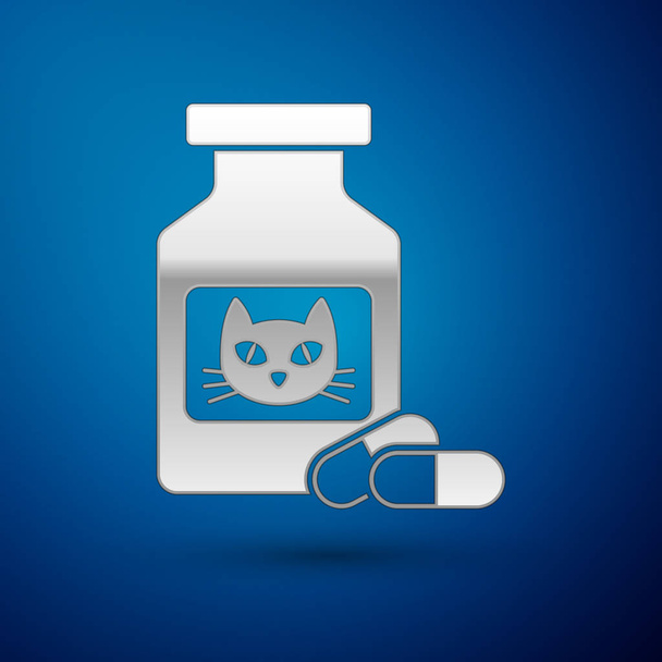 Срібна пляшка котів і таблетки значок ізольовані на синьому фоні. Контейнер з таблетками. Ліки від рецептів для тварин. Векторна ілюстрація
 - Вектор, зображення