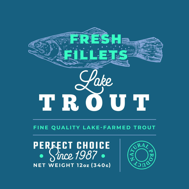 Fresh Fillets Premium Quality Label . Abstract Vector Fish Packaging Design Layout. Retro Typography with Borders and Hand Drawn Lake Trout Silhouette Background - Vector, Image