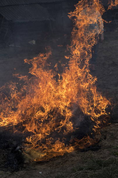 sokakta çimenler yanıyor. Ateş çok büyük. sıradan ikamet bir yaba ile yangın söndürmek için çalışıyor - Fotoğraf, Görsel
