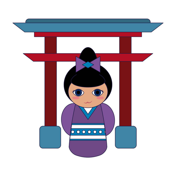 Japans meisje op Arch symbool blauwe lijnen - Vector, afbeelding