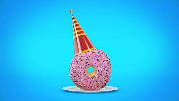 Donut met feest hoed. 3D-rendering - Foto, afbeelding