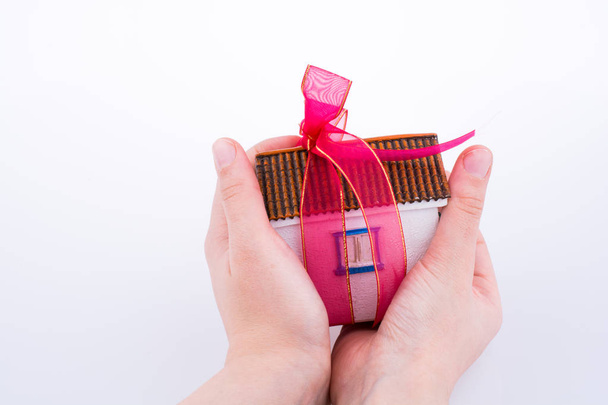 Persona sosteniendo casa modelo con cinta rosa
 - Foto, Imagen