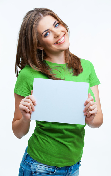 woman holding blanc card - Foto, afbeelding