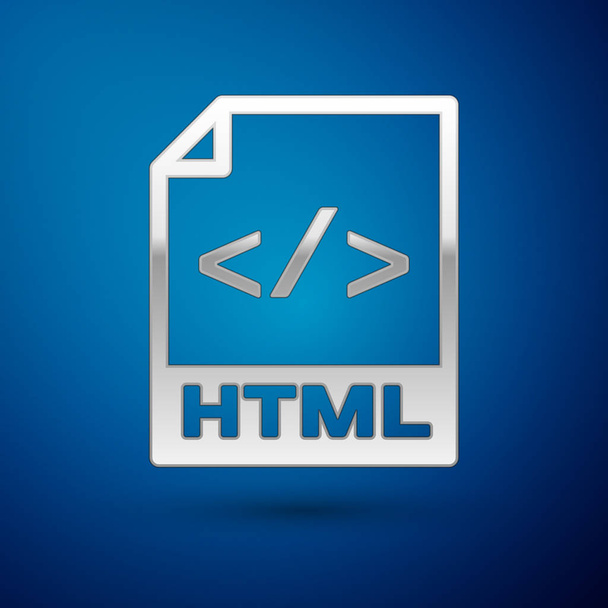 Ikona dokumentu w srebrnym pliku HTML. Pobierz przycisk HTML ikona na białym tle na niebieskim tle. Symbol pliku HTML. Symbol języka znaczników. Ilustracja wektorowa - Wektor, obraz