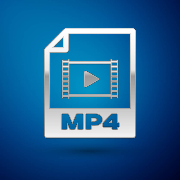 シルバー Mp4 ファイル ドキュメント アイコン。青い背景に隔離されたmp4ボタンアイコンをダウンロードしてください。Mp4 ファイルシンボル。ベクトルイラストレーション - ベクター画像