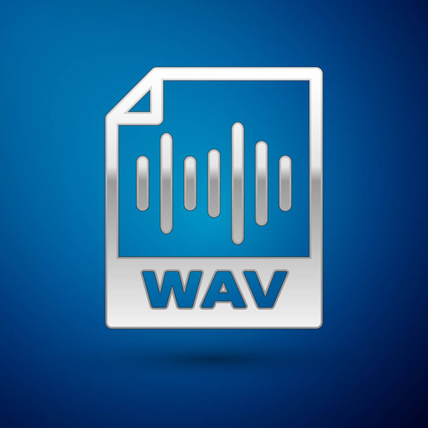 シルバー Wav ファイル ドキュメント アイコン。青い背景に隔離されたwavボタンアイコンをダウンロードします。デジタルオーディオリフファイル用の波形オーディオファイル形式。ベクトルイラストレーション - ベクター画像