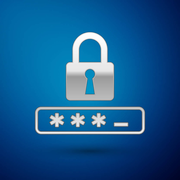シルバーパスワード保護と安全アクセスアイコンは、青い背景に隔離されています。ロックアイコン。セキュリティ、安全、保護、プライバシーの概念。ベクトルイラストレーション - ベクター画像