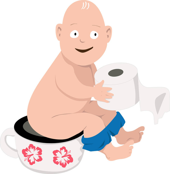 glückliches Baby, das mit Toilettenpapier in der Hand auf einem Töpfchen sitzt, Folge 8 Vektorillustration - Vektor, Bild