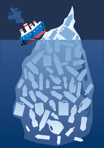 Navio atingiu um iceberg cheio de plástico e quebrando, EPS 8 ilustração vetorial sobre a poluição plástica no oceano, EPS 8
 - Vetor, Imagem