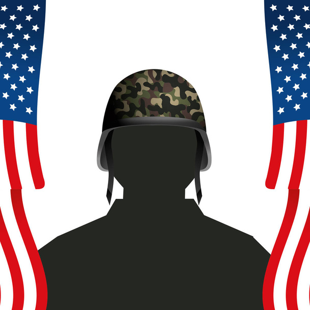 bandera unida declarada con soldado y casco
 - Vector, Imagen