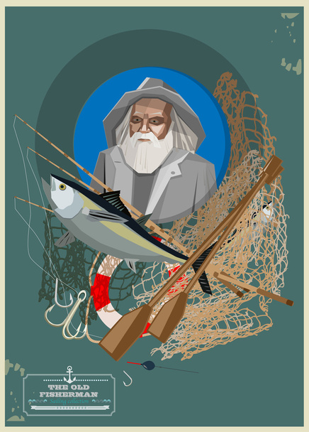 Old fisherman with fishing equipment isolated on blue. Vector illustration - Vector, Image