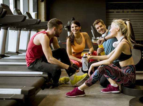 Grupo de jóvenes en ropa deportiva hablando y riendo juntos mientras están sentados en el suelo de un gimnasio después de un entrenamiento
 - Foto, Imagen