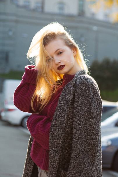 Alluring blonde woman wearing coat and sweater, posing with soft - Photo, Image