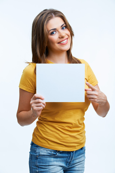 woman holding blanc card - Foto, imagen