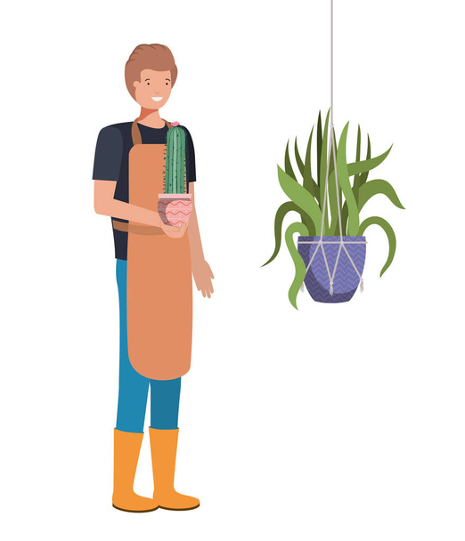 man met Cactus in macrame Hangers - Vector, afbeelding