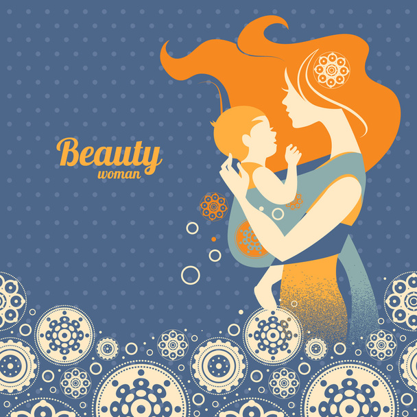 Beautiful mother silhouette with baby in a sling and floral background - Vector, Image