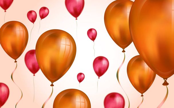 光沢のあるオレンジ色 フライングヘリウム風船は、ぼかし効果を持つ背景。結婚式、誕生日、記念日の背景。招待状用ベクトルイラスト、パーティーパンフレット、バナー - ベクター画像