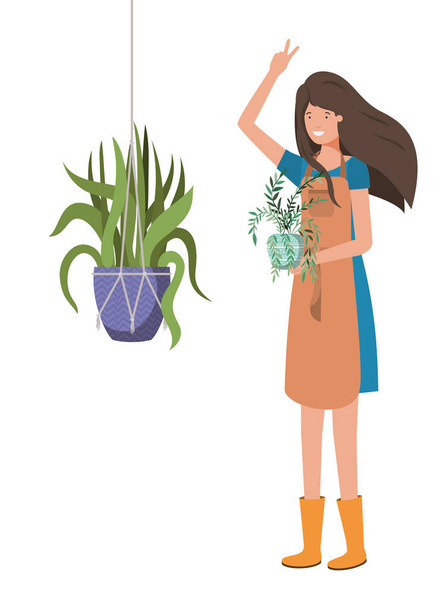 Frau mit Zimmerpflanze auf Makramabänken - Vektor, Bild