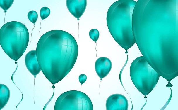 光沢のあるティールカラー フライングヘリウム風船は、ぼかし効果を持つ背景。結婚式、誕生日、記念日の背景。招待状用ベクトルイラスト、パーティーパンフレット、バナー - ベクター画像