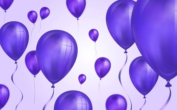Блестящий фиолетовый цвет Летающие гелиевые шарики фон с эффектом размытия. Свадьба, день рождения и годовщина. Векторная иллюстрация пригласительного билета, брошюры, баннера
 - Вектор,изображение