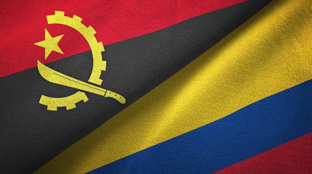 Angola i Kolumbia dwie flagi tkanina tekstylna, tekstura tkaniny - Zdjęcie, obraz
