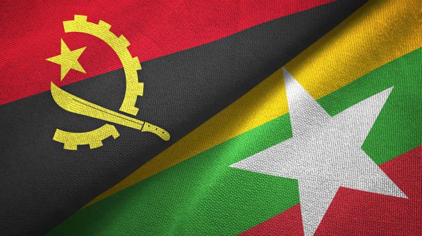 Angola i Myanmar dwie flagi tkanina tekstylna, tekstura tkaniny - Zdjęcie, obraz