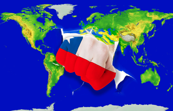 Pugno a colori bandiera nazionale di chile punzonatura mappa del mondo
 - Foto, immagini