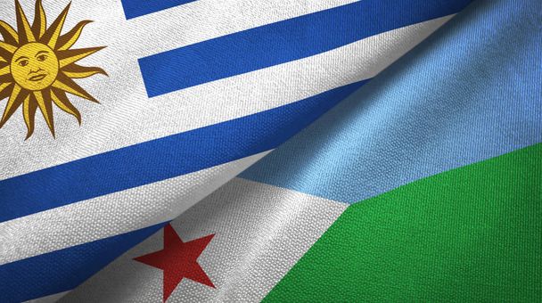Uruguai e Djibouti duas bandeiras de pano têxtil, textura de tecido
 - Foto, Imagem