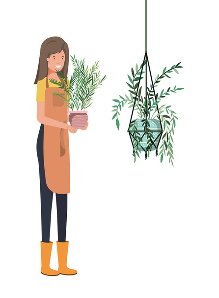 γυναίκα με φυτό στο σπίτι σε κρεμάστρες macrame - Διάνυσμα, εικόνα