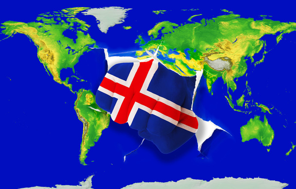 Кулак в цветном национальном флаге Исландии пробивает карту мира
 - Фото, изображение