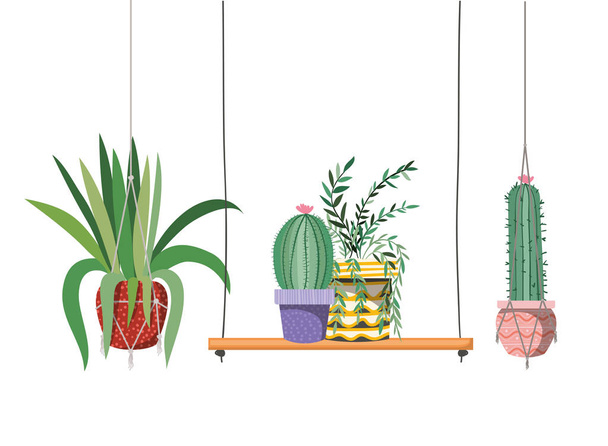 kaktusy s květináčem na polici samostatná ikona - Vektor, obrázek