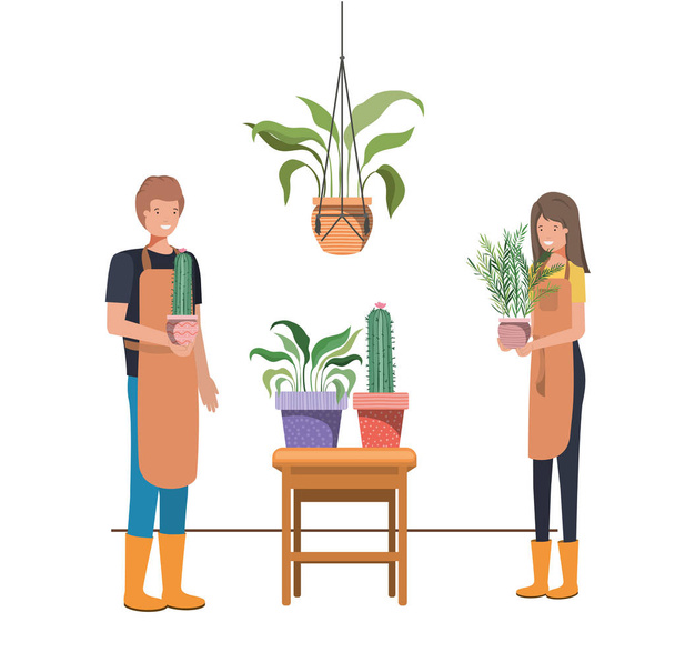 Paar mit Zimmerpflanze auf Makramabanhänger - Vektor, Bild