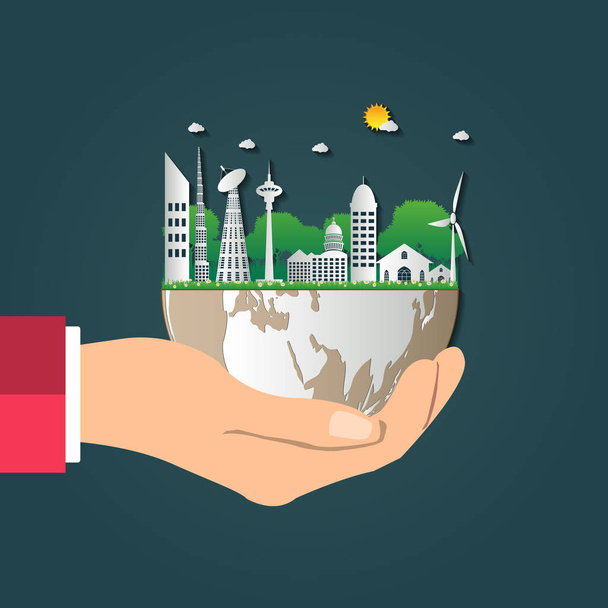O mundo em suas mãos ecologia concept.Green cidades ajudar o mundo com eco-friendly idea.with conceito globo e árvore background.vector ilustração
 - Vetor, Imagem