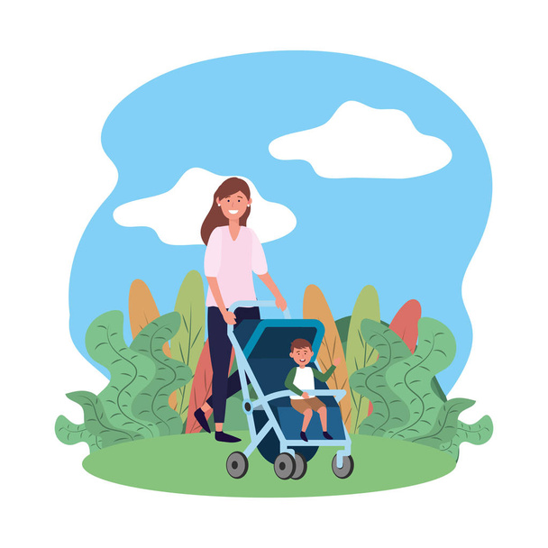 mother with baby carriage - Vector, Image