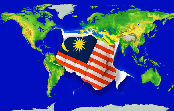 Puño en color bandera nacional de Malasia perforando mapa del mundo
 - Foto, imagen
