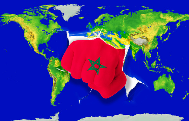 Pugno a colori bandiera nazionale del Marocco punzonatura mappa del mondo
 - Foto, immagini