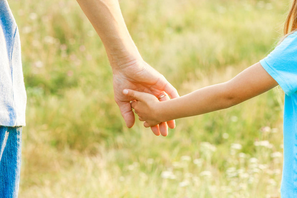 szülő és gyermek keze a természetben - Fotó, kép