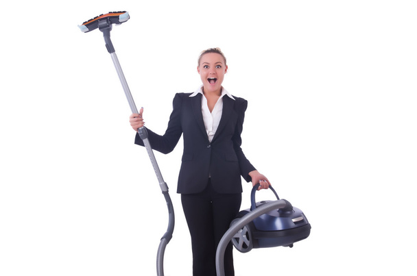 Businesswoman with vacuum cleaner on white - Foto, imagen