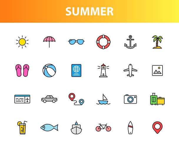 Conjunto de 24 iconos web de verano y vacaciones en estilo de línea. Icono web y móvil. turismo, viajes, vacaciones. Ilustración vectorial
. - Vector, Imagen