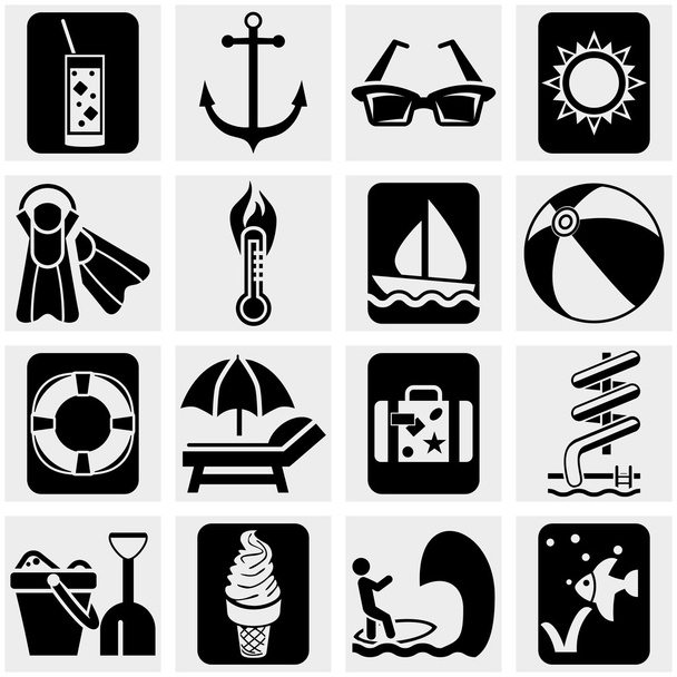 Travel and tourism, summer vector icons set on gray. - Wektor, obraz