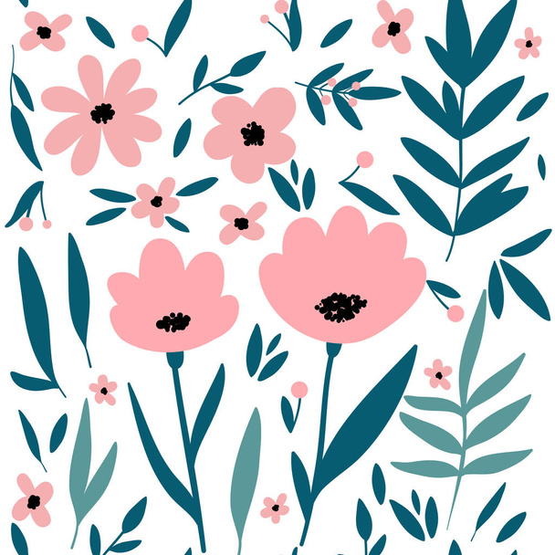 Trendy flowers and leaves seamless pattern for your design. Sketch for wrapping paper, floral textile, background fill, fabric. - Вектор,изображение