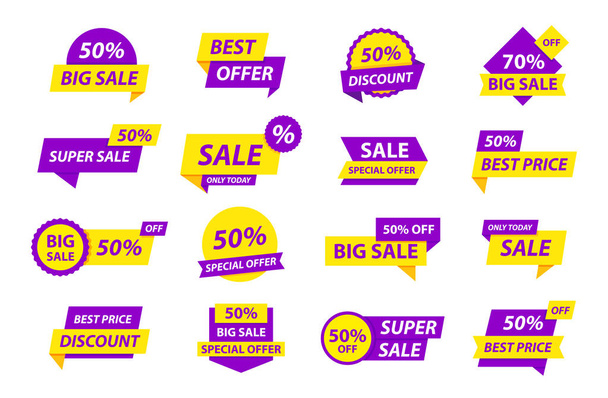 Sale tags collection. Special offer, big sale, discount, best price, mega sale banner set. Shop or online shopping. Sticker, badge, coupon, store. Vector Illustration. - Vector, Image