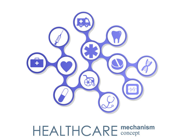 Healthcare mechanism concept. Abstract background with connected gears and icons for medical, health, strategy, care, medicine, network, social media and global concepts. Vector infographic. - Vector, Image